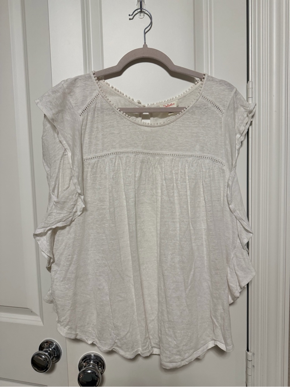 Deletta Anthropologie White Linen Ruffle Sleeve Top L